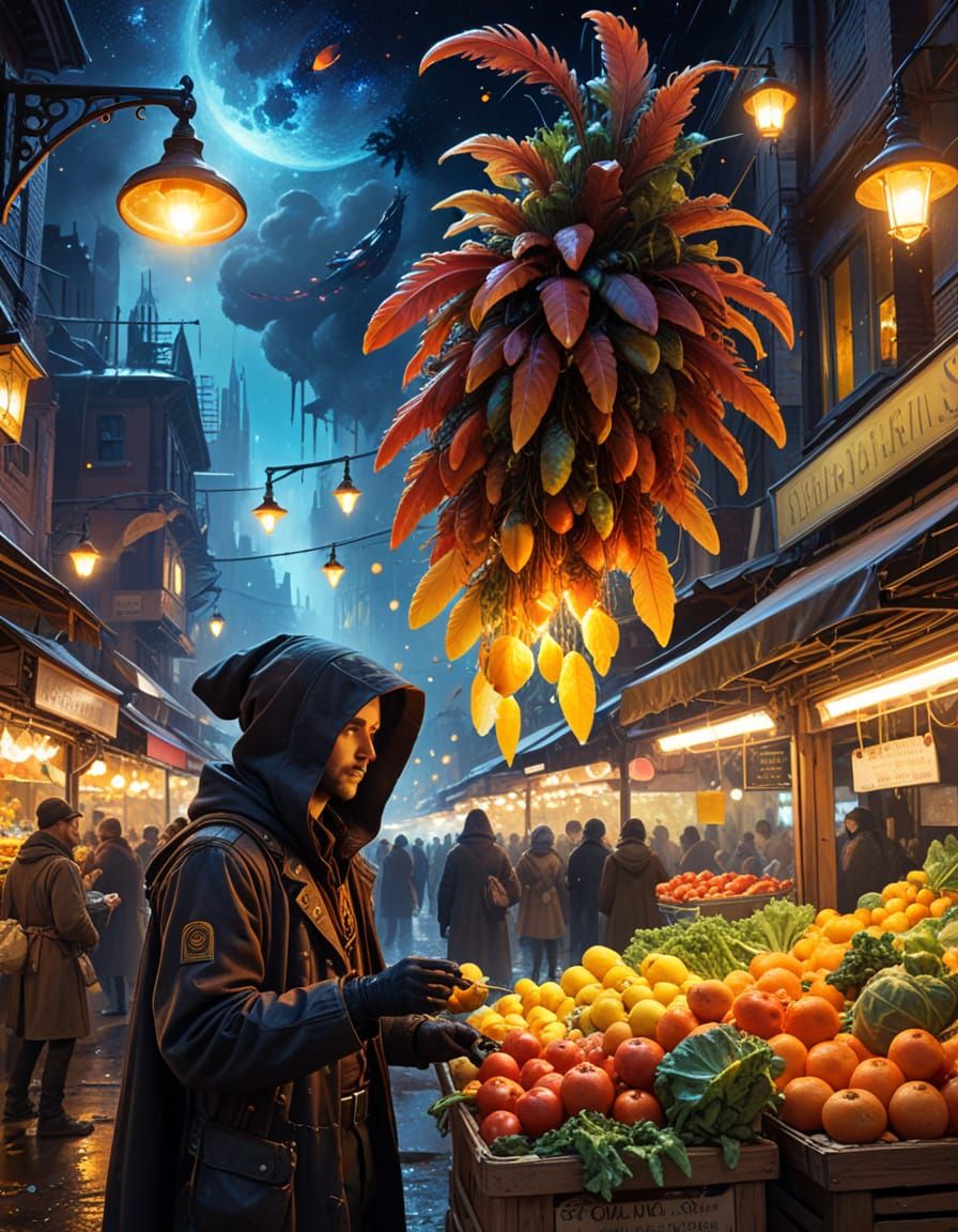 Steampunk Alien Market with Glowing Produce