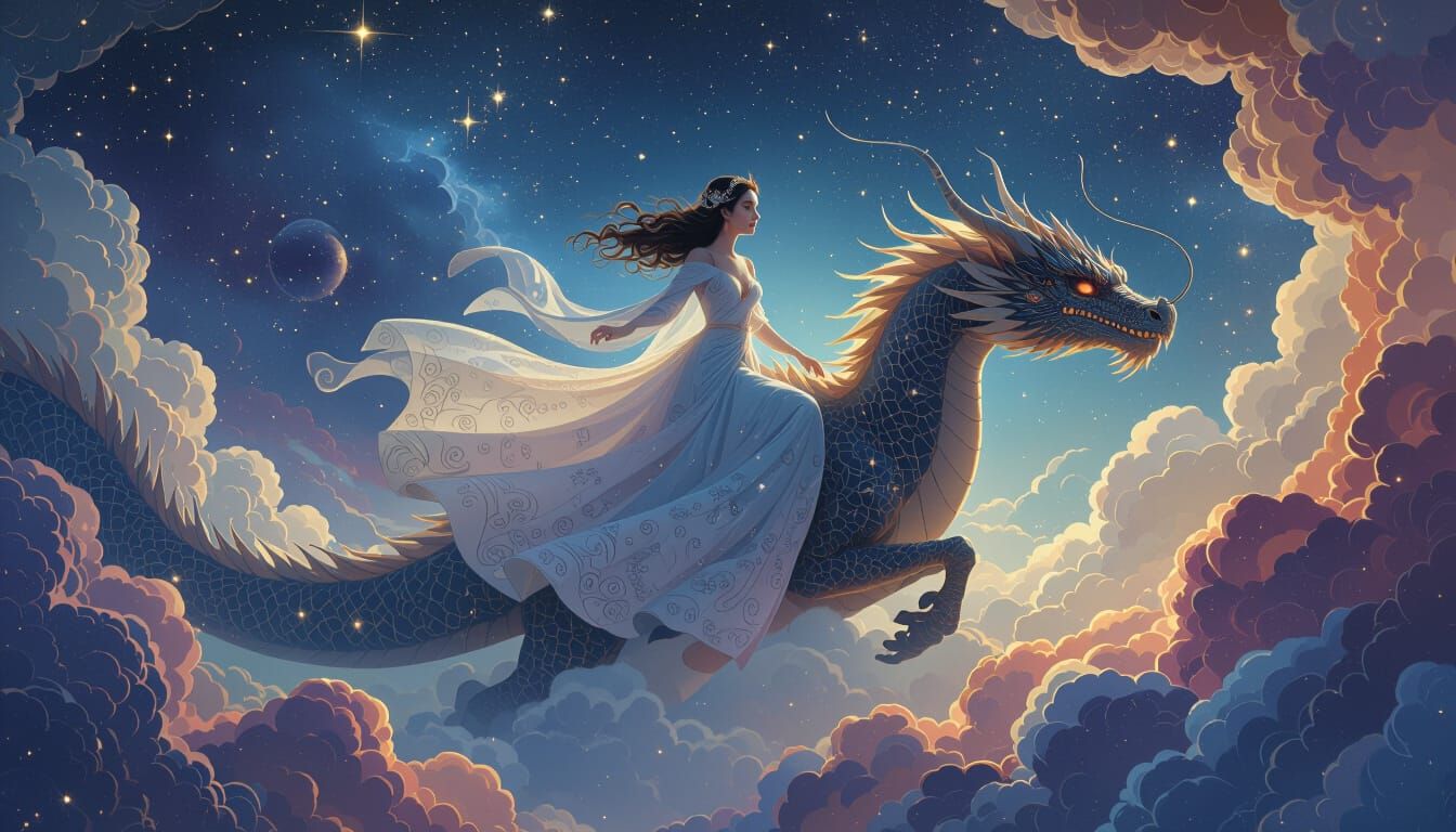 Woman Riding Dragon Through Nebula in Surrealist Style