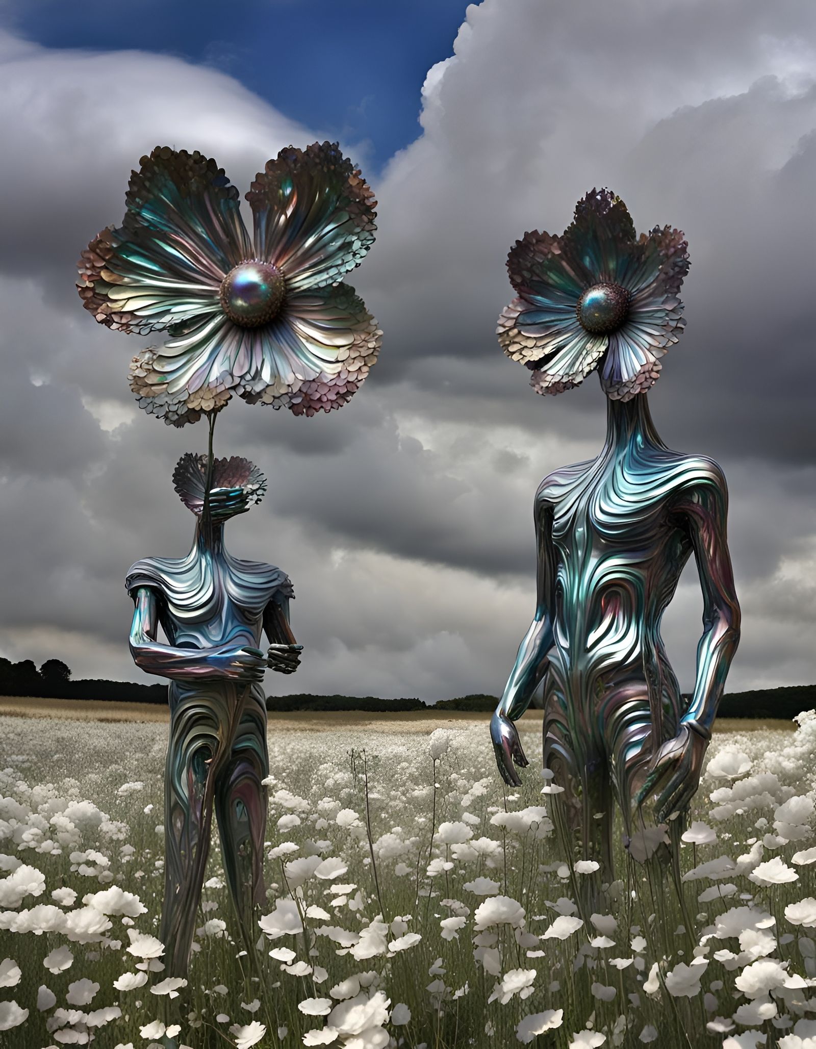 Iridescent Metal Flowers Sculpture with Stormy Sky