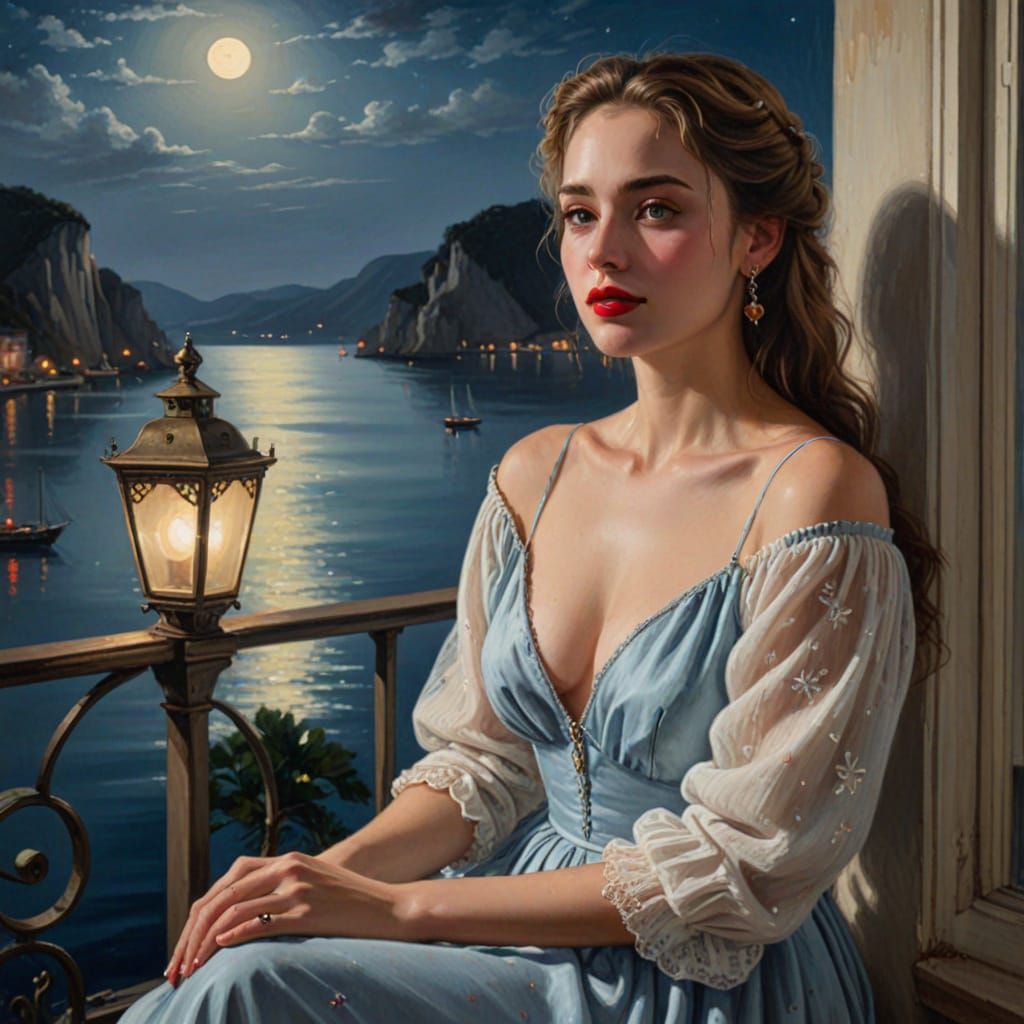 Serene Woman Overlooking Moonlit Bay in Romantic Painting