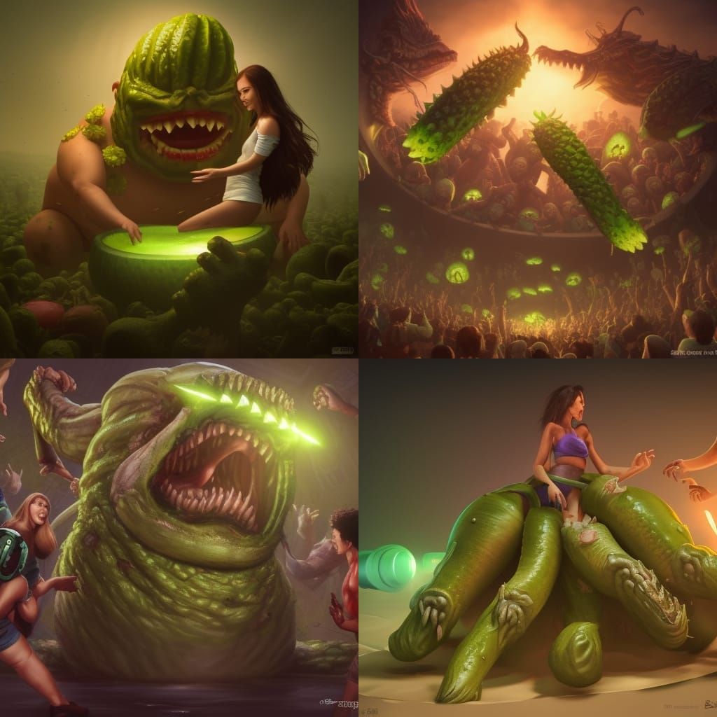 Giant Angry Pickle Eats Humans: 3D Digital Art