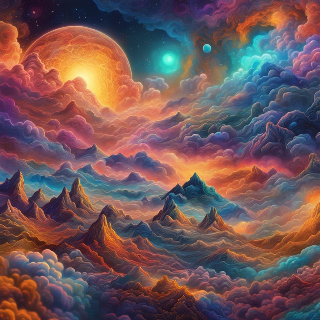 Surreal Anhydrous Landscape with Cosmic Clouds