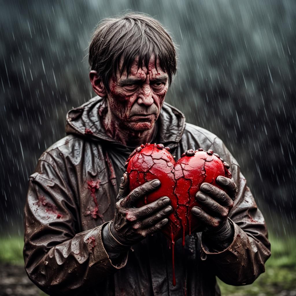 Person Holds Damaged Heart in the Rain