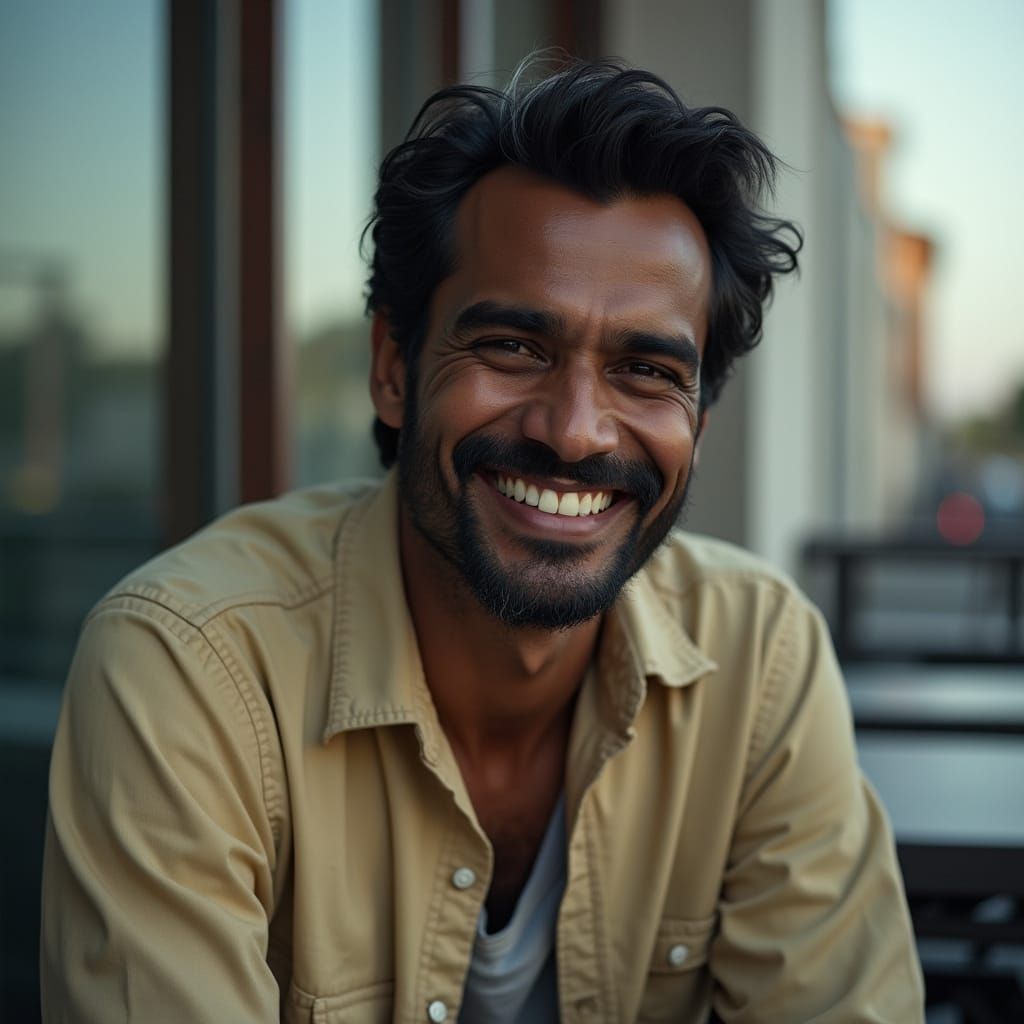 Smiling Tamil Indian Man in Modern City, Cinematic