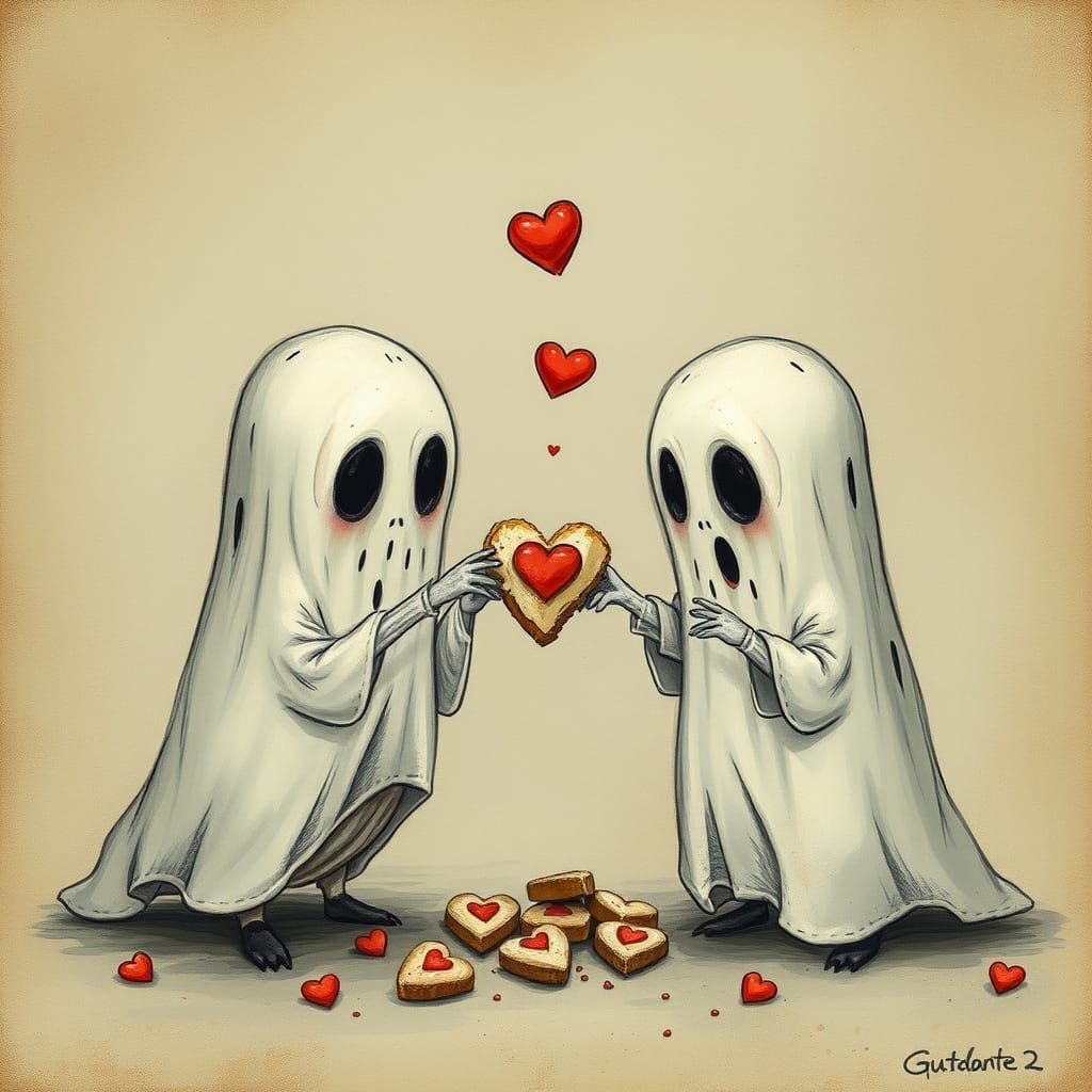 Cute Cartoon Ghosts Exchanging Hearts
