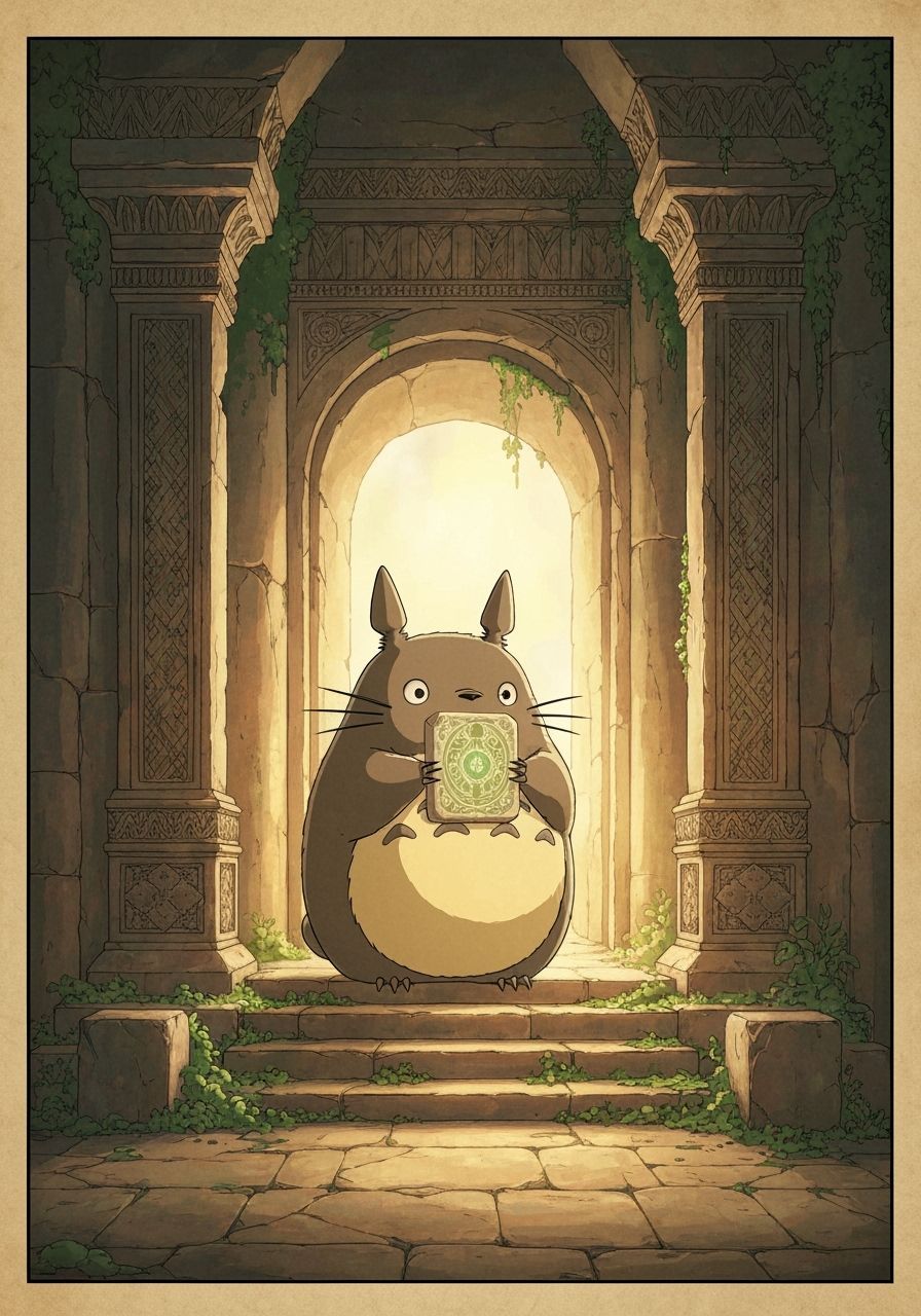 Totoro in Desert Ruins, Ghibli-Style Manuscript Illustration