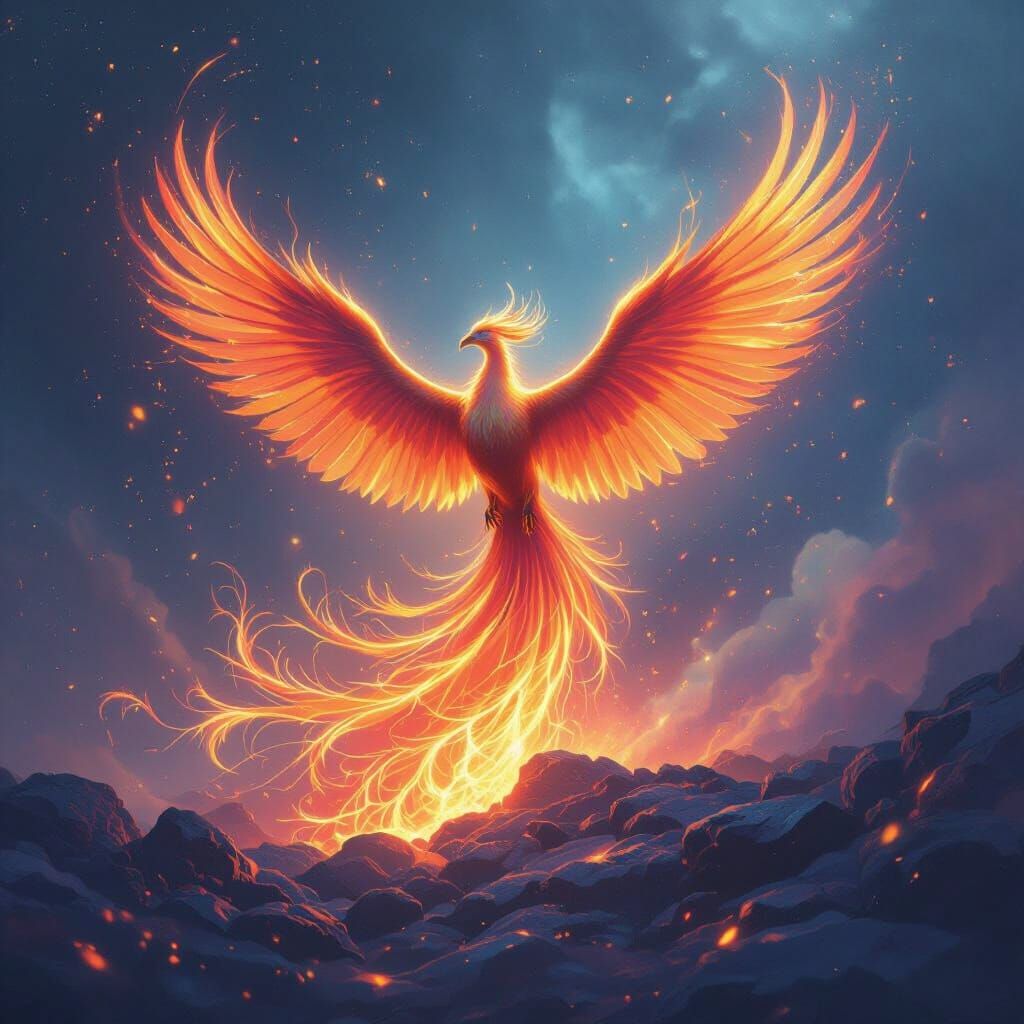 Phoenix Rising from Embers in Digital Painting