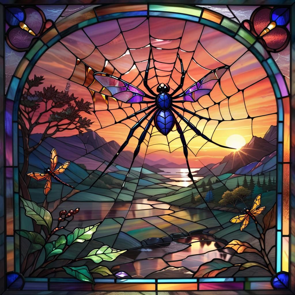 In a stained glass design featuring a spider web , spider host, dragon flies, mesmerizing sunset ,Octane render, nature...