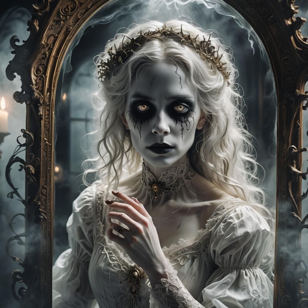 Ghostly Woman in Ornate Mirror Frame