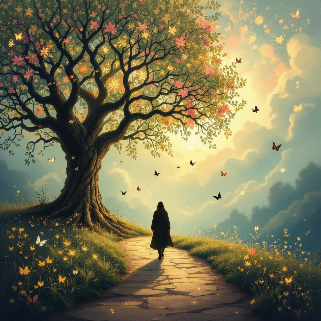 Ethereal Path to Tree of Life with Butterflies