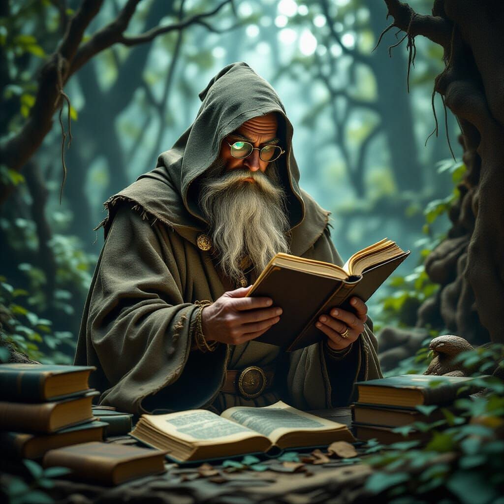 Druid Surrounded by Cryptid Specimens in Forest Glade