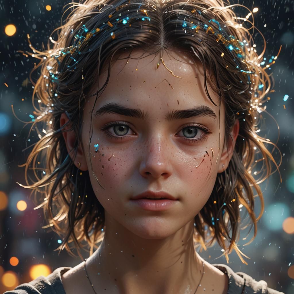 Surprised Girl Portrait with Sparkling Magic Particles