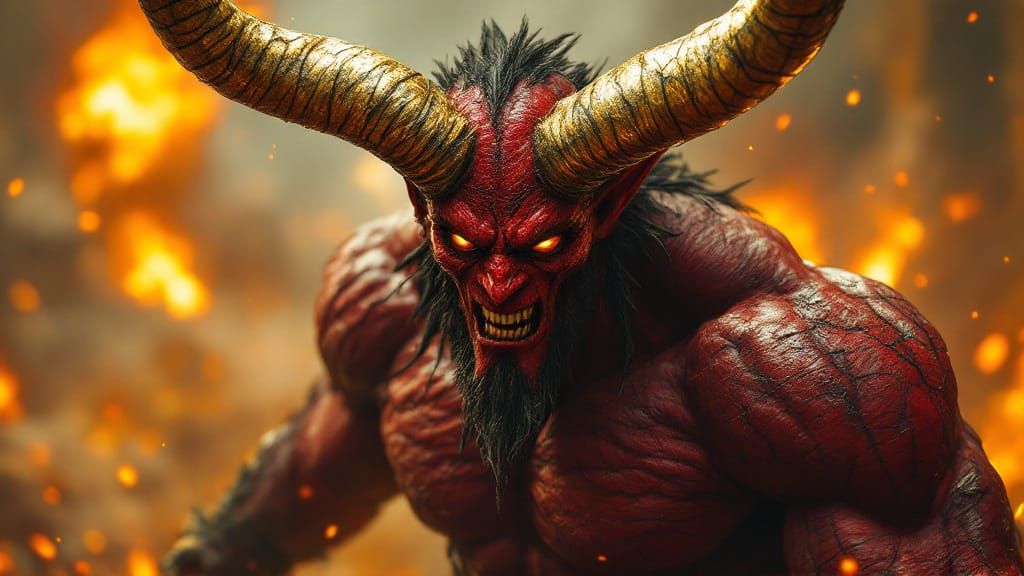 Cinematic Red Demon Warrior with Golden Horns on Battlefield
