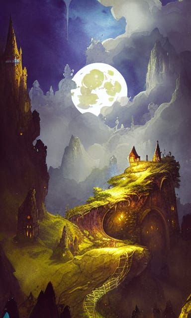 Mystical Fairy Castle Under Moon, Renaissance Style