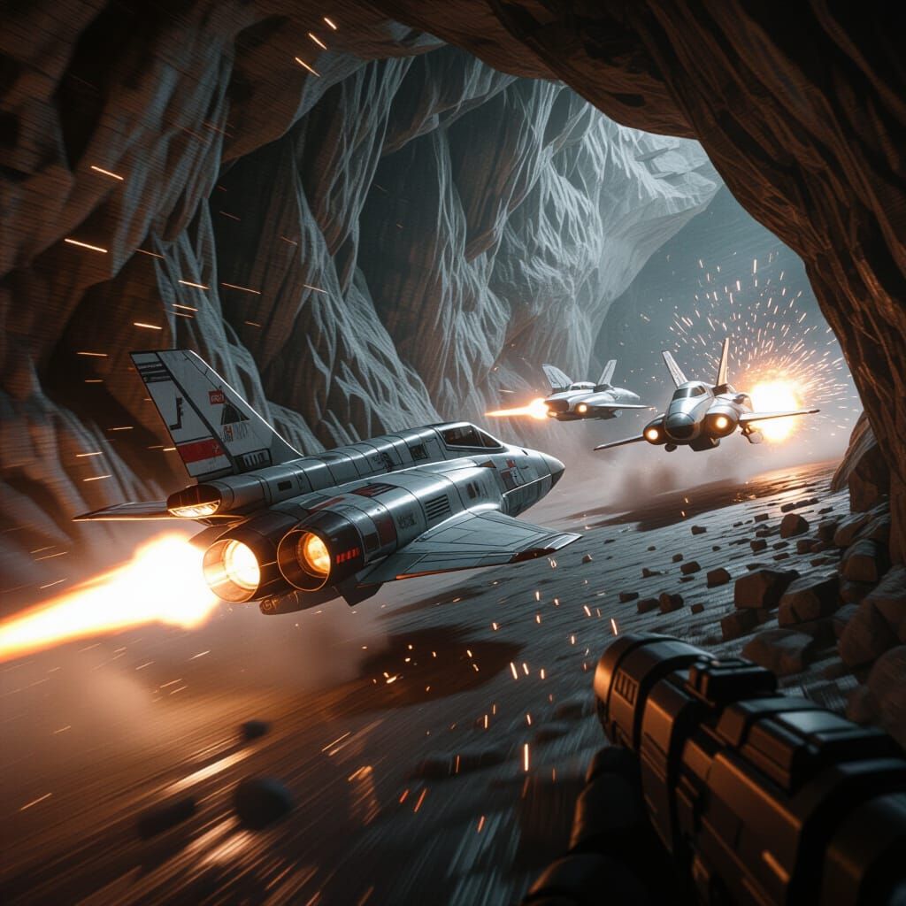 Battered Shuttle Evades Pursuit Through Illuminated Cave