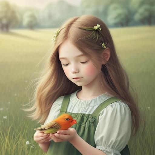 Girl with Bird in Lush Meadow: Watercolor Illustration