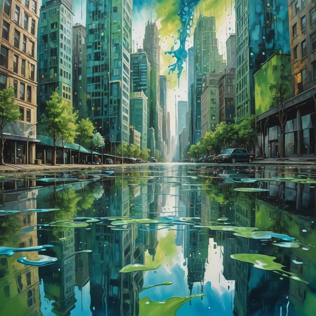 Surreal Cityscape Reflected in Glimmering Lake: Street Art