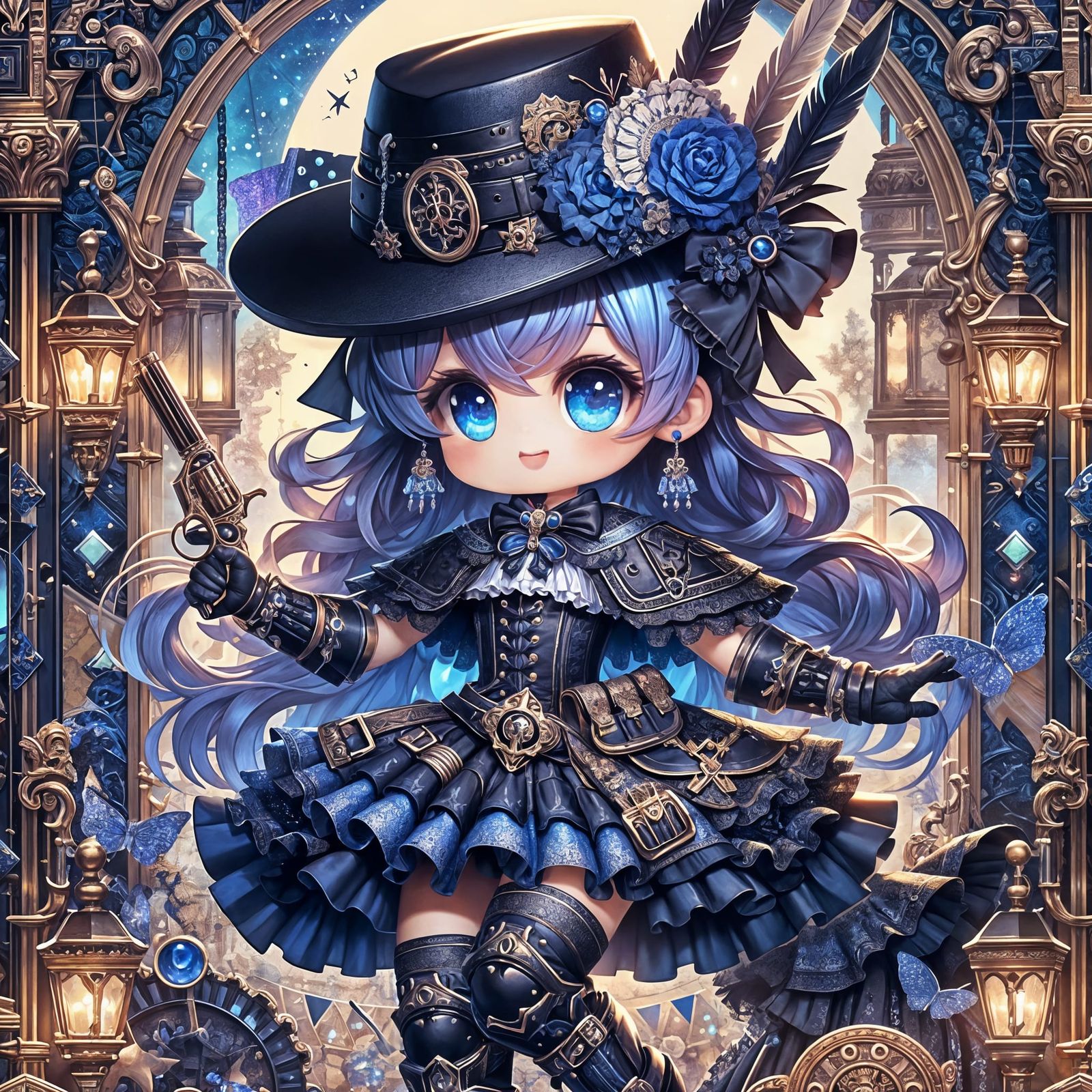 Gothic Chibi Cowgirl Portrait with Victorian Background