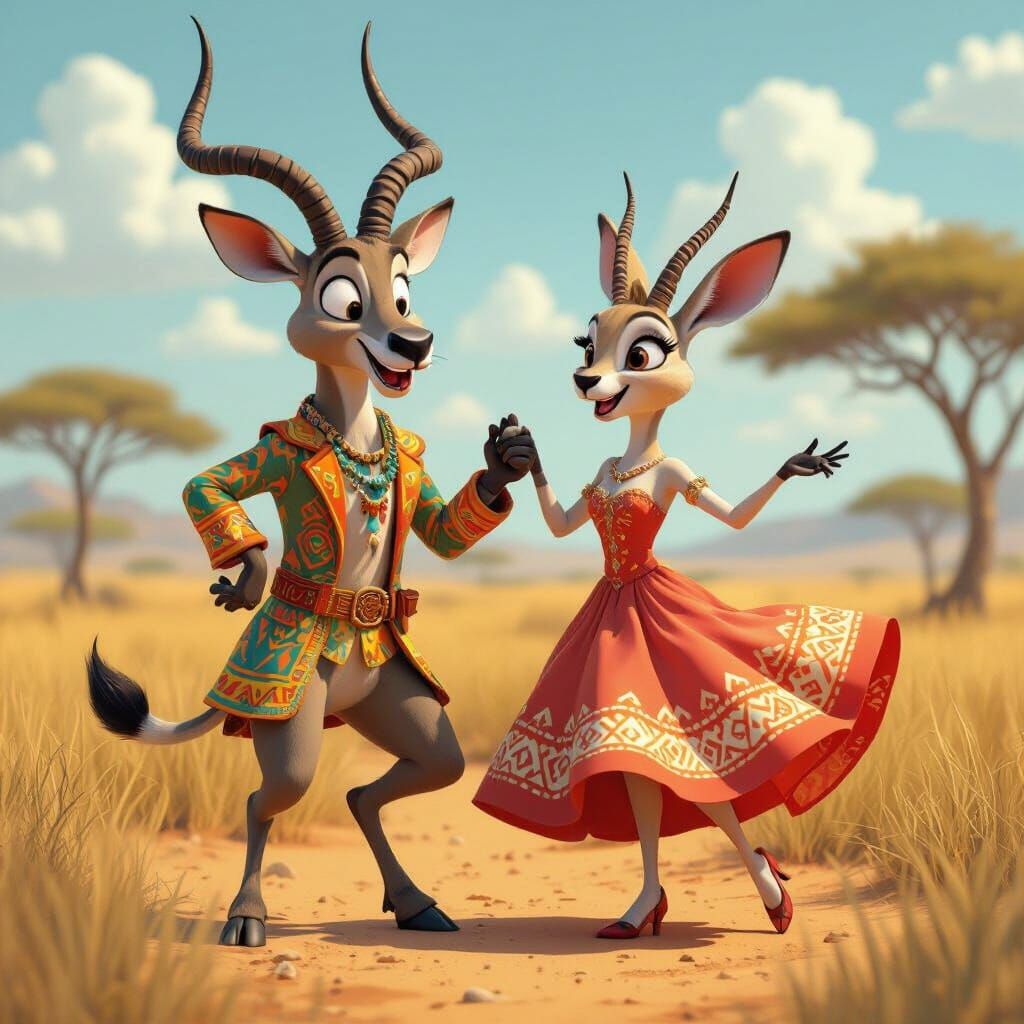 Anthropomorphic Kudu and Springbok Dance in Savannah