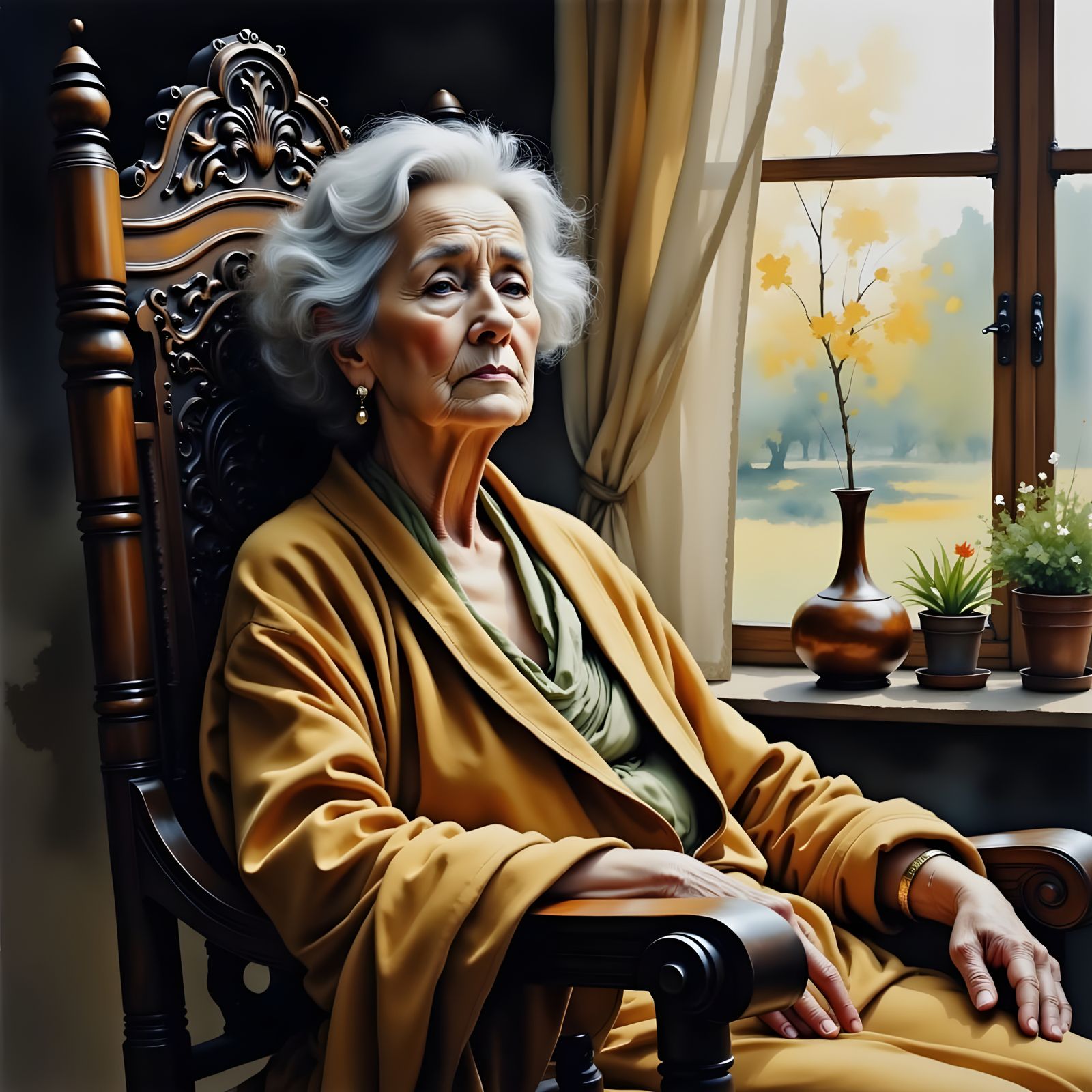 Elderly Woman in Rocking Chair, Water-Ink Art