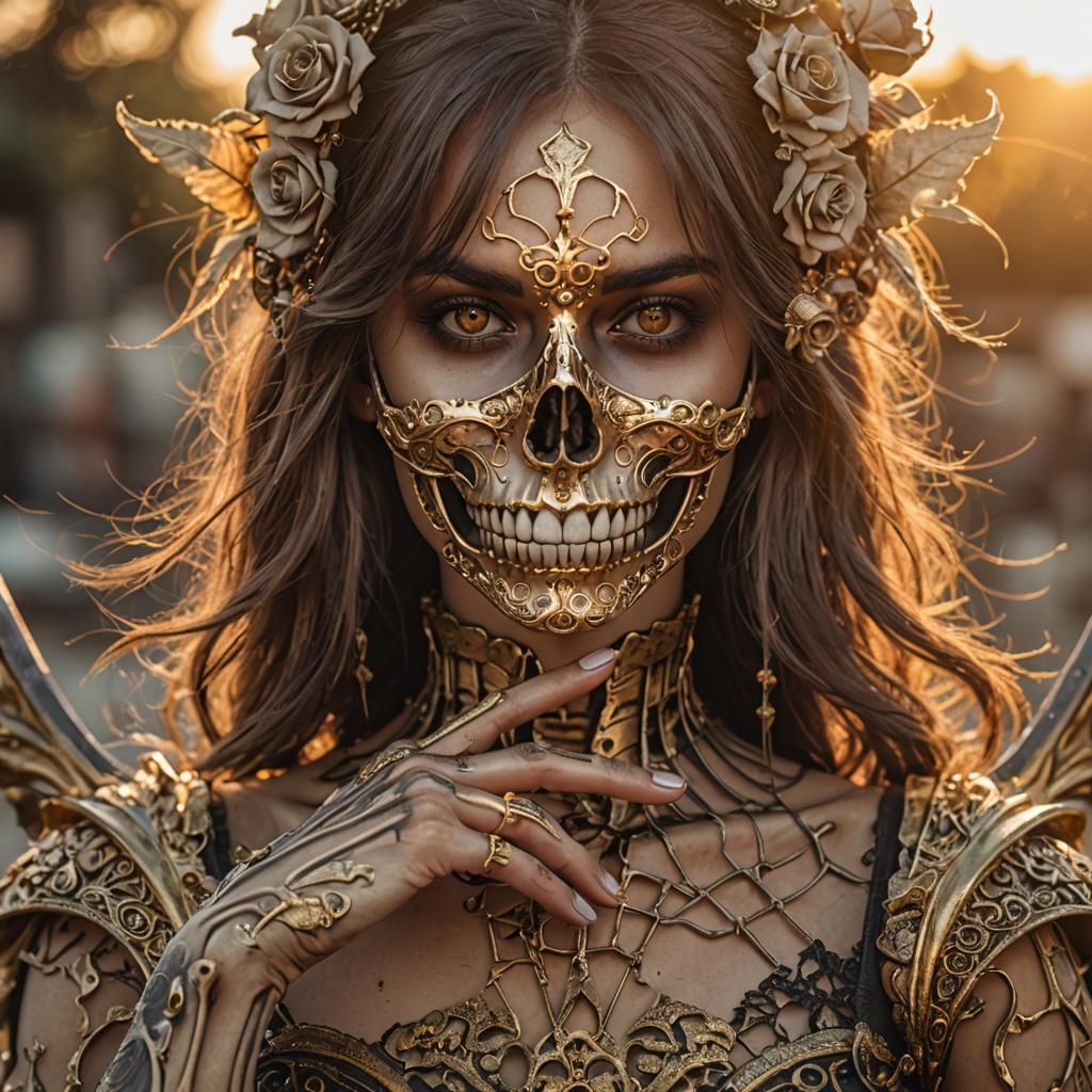 Girl with Skull Face in Golden Hour Photo