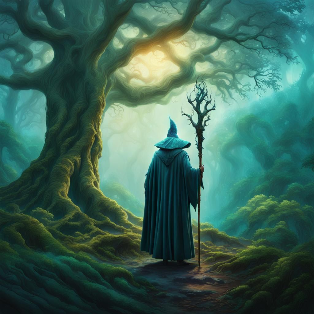 Wizard in Misty Forest, Digital Matte Painting
