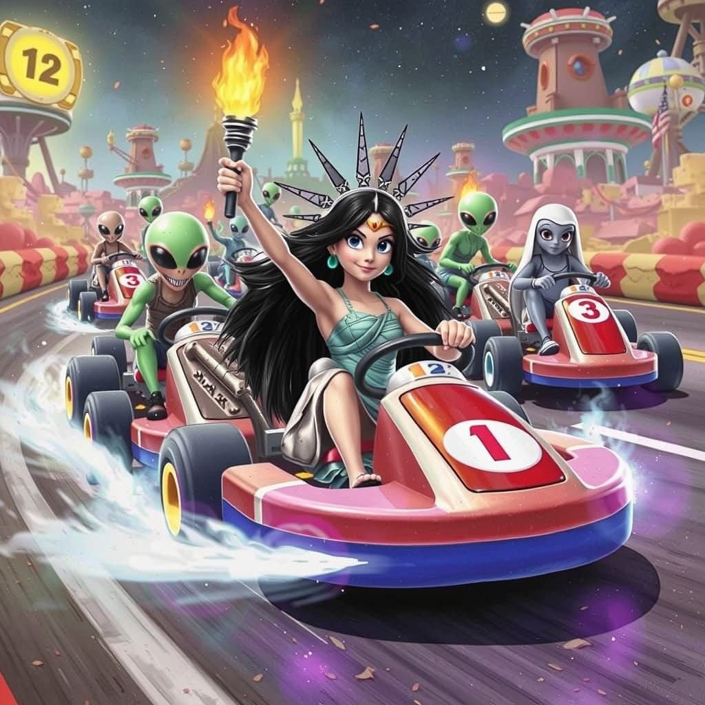 Goddess Isis Races Aliens in Mario Kart