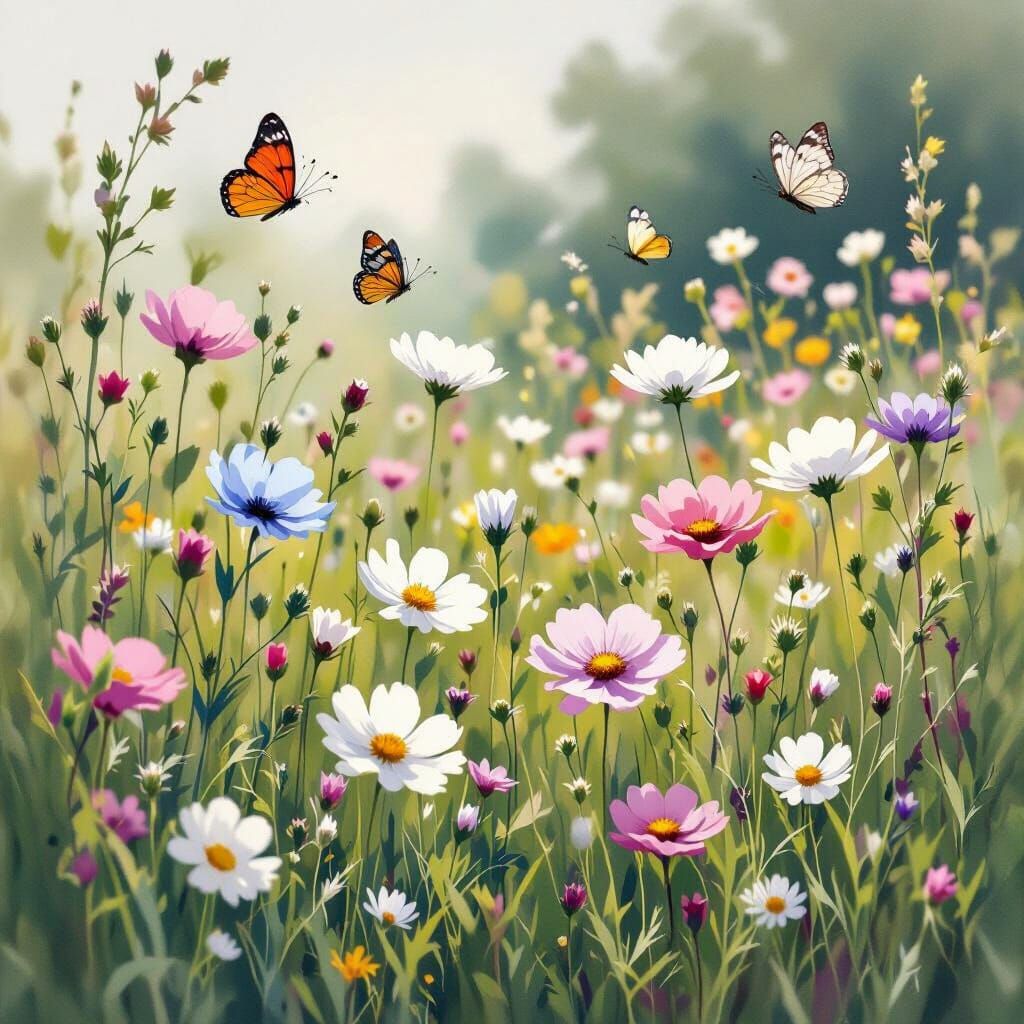 Wild Meadow Flowers with Butterflies in Line Drawing Style