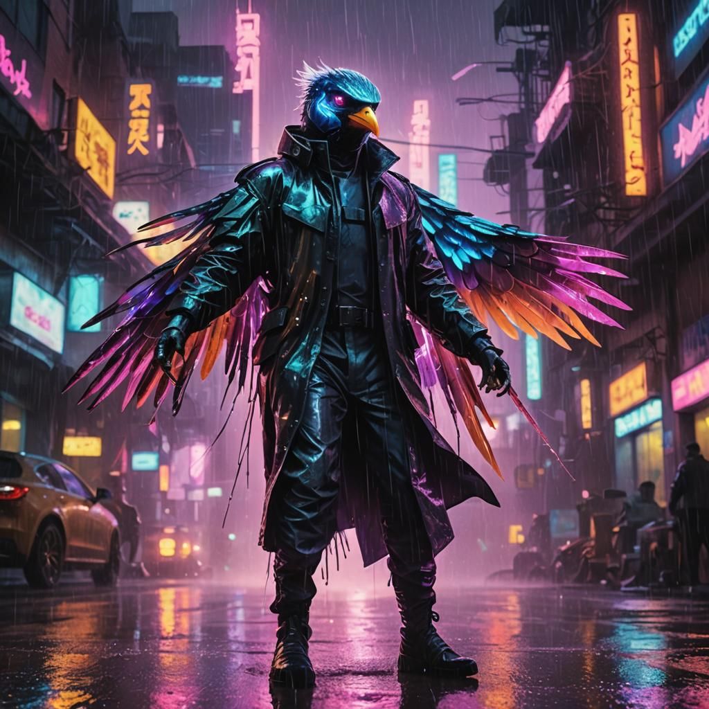 Neon Cyberpunk Bird Spreads Wings in Rainy City