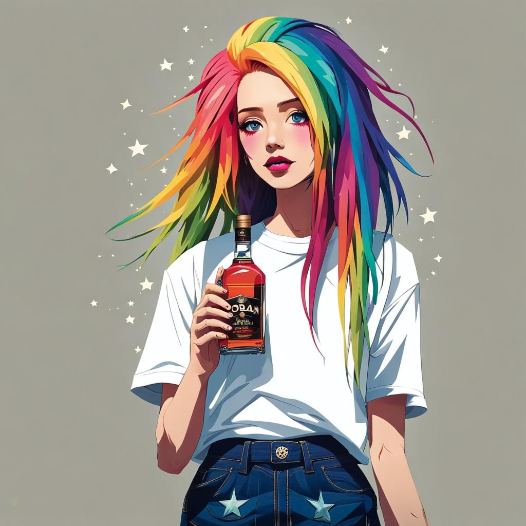Grungy Woman with Rainbow Hair, Collage Art