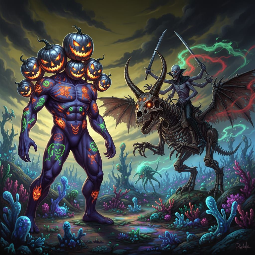 Eerie Gothic Hulking Humanoid with Pumpkin Heads