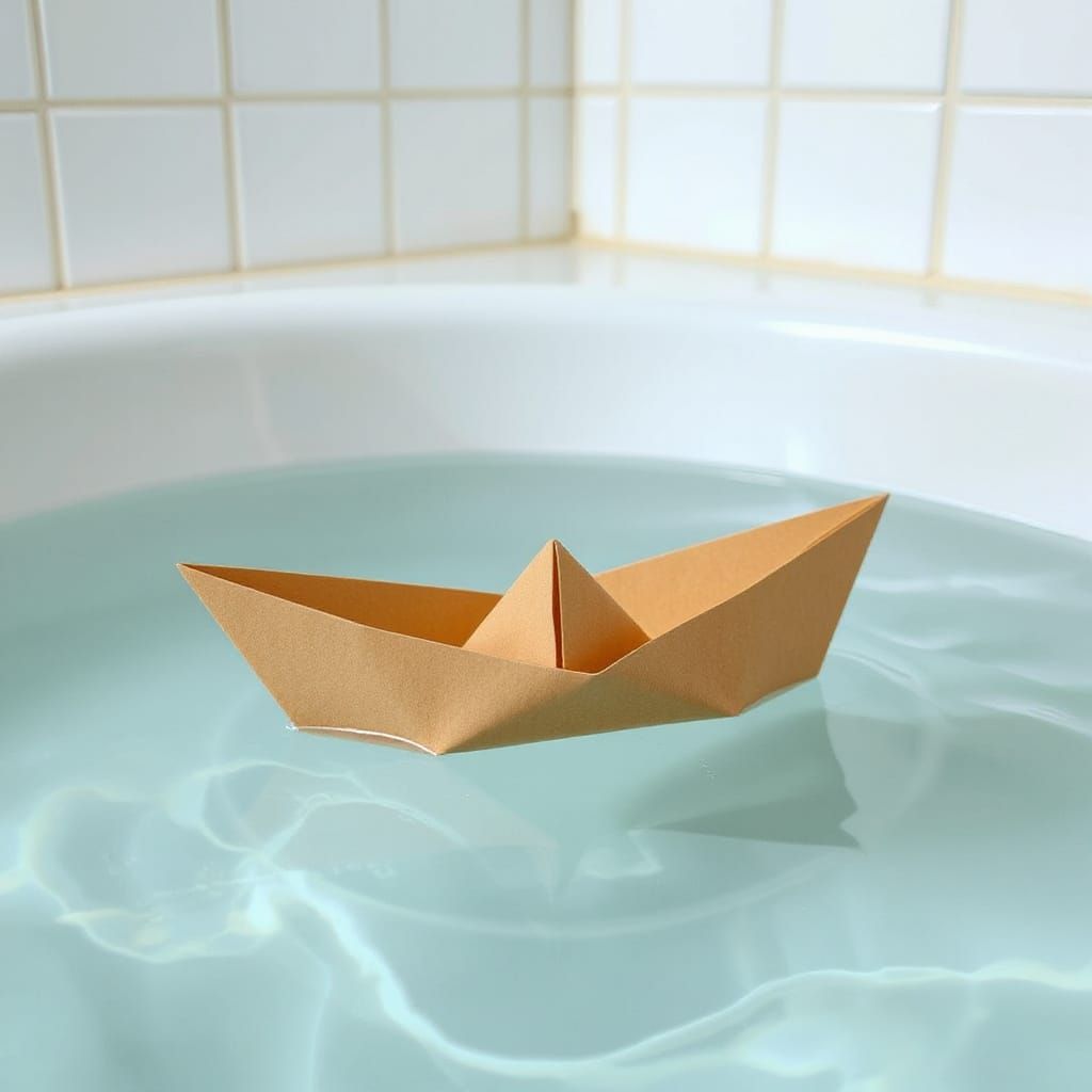 Paper Boat in Bathtub: Hyper-Realistic Cinematic Still