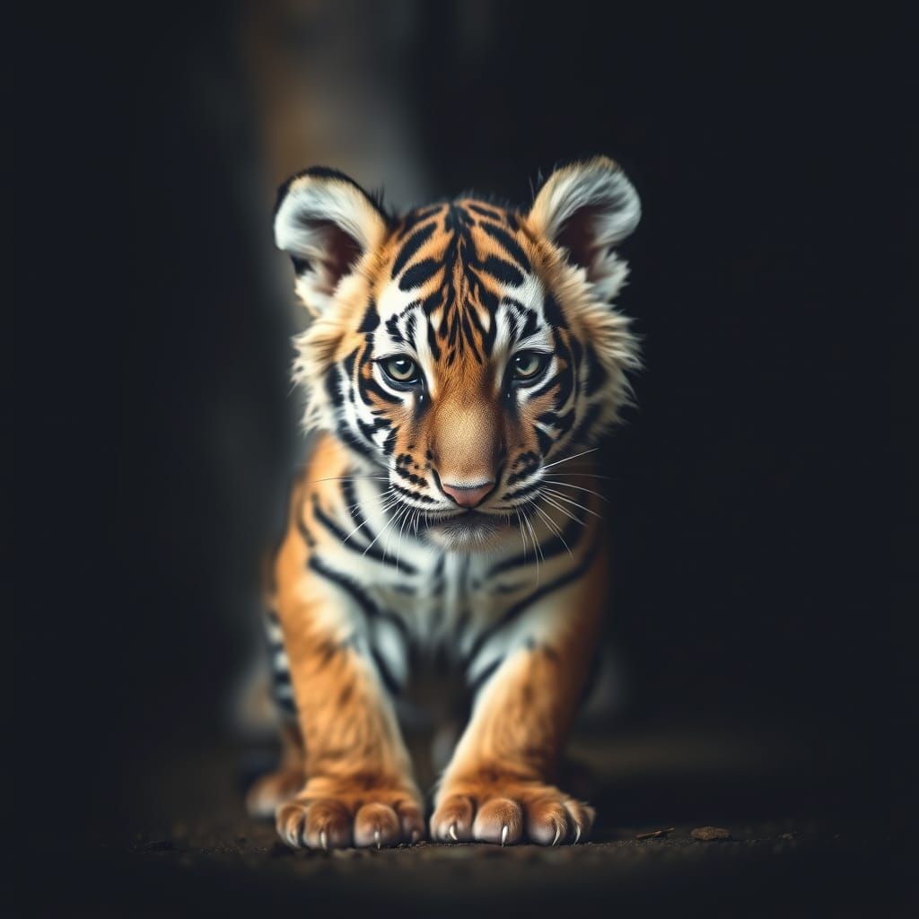 Brutish Baby Tiger Portrait in Intense Close-Up