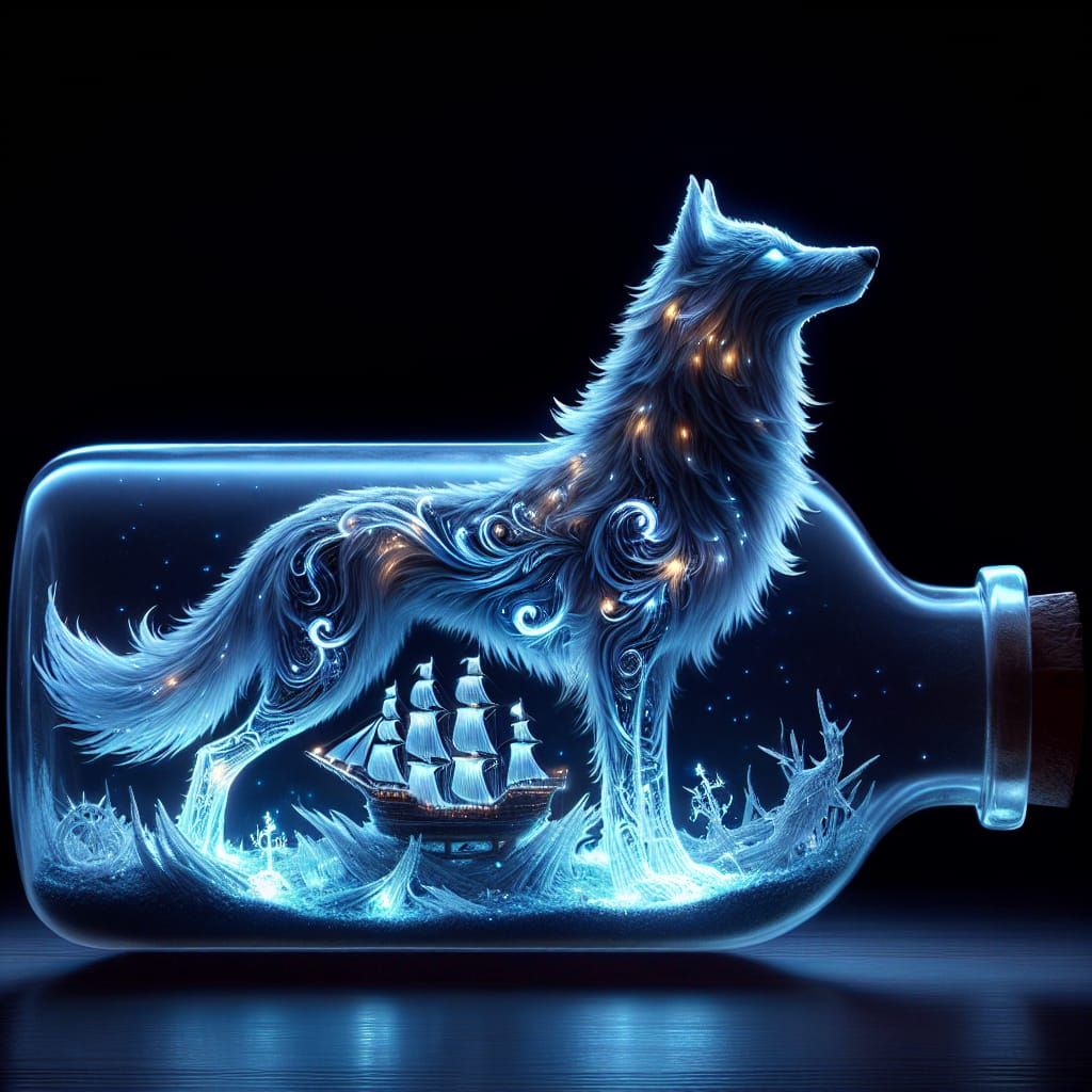 Ship in a Bottle with Magical Glowing Wolf
