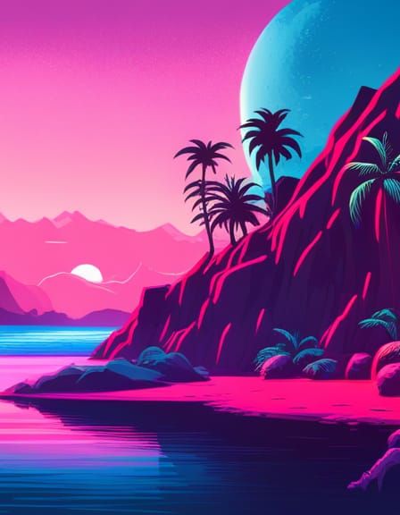 Synthwave Island Neon Retro Art