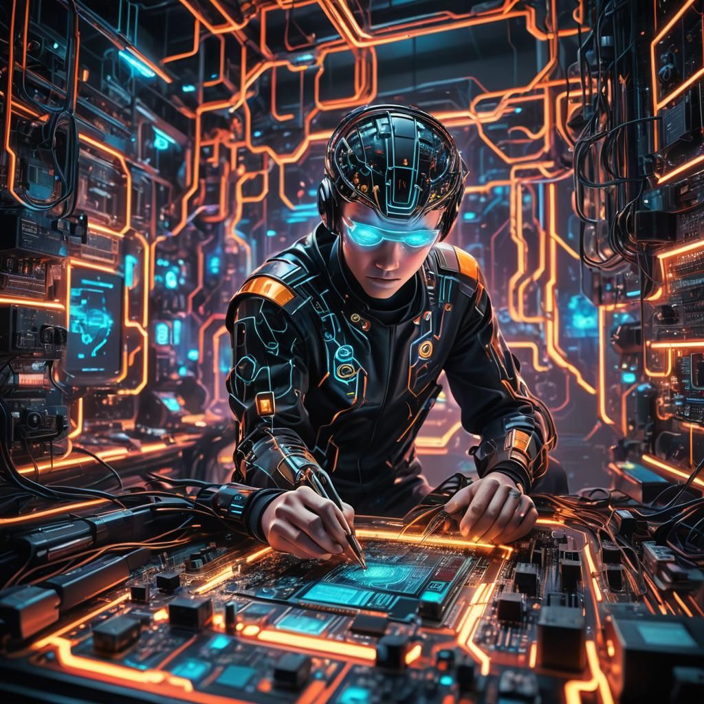 Futuristic Cell Character Repairs Computer in Neon Lab