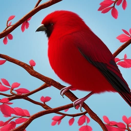 Fuzzy Red Bird on Branch: Pixar-Style 3D Render