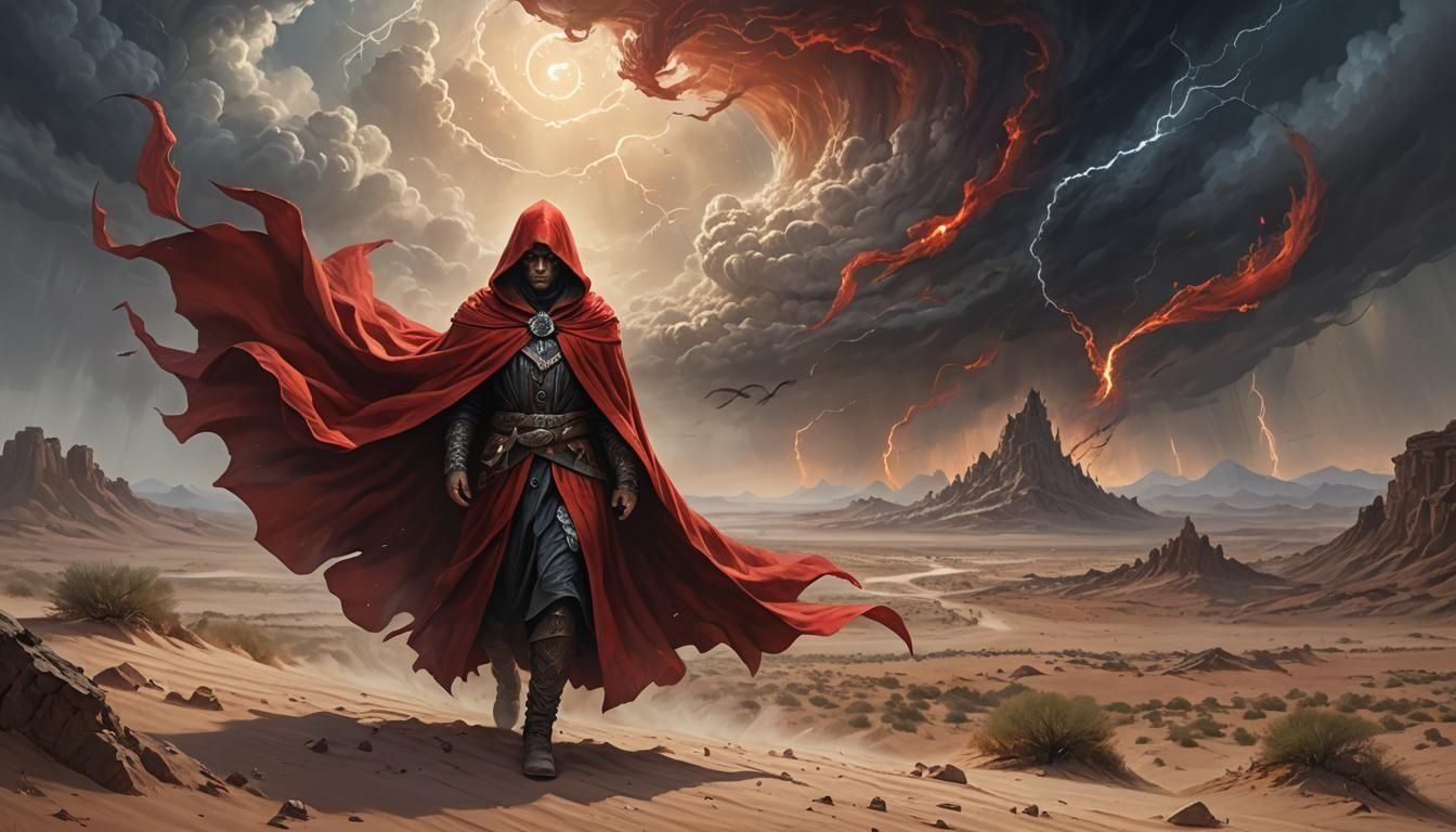 Mysterious Hooded Traveler in Fantasy Desert Kingdom