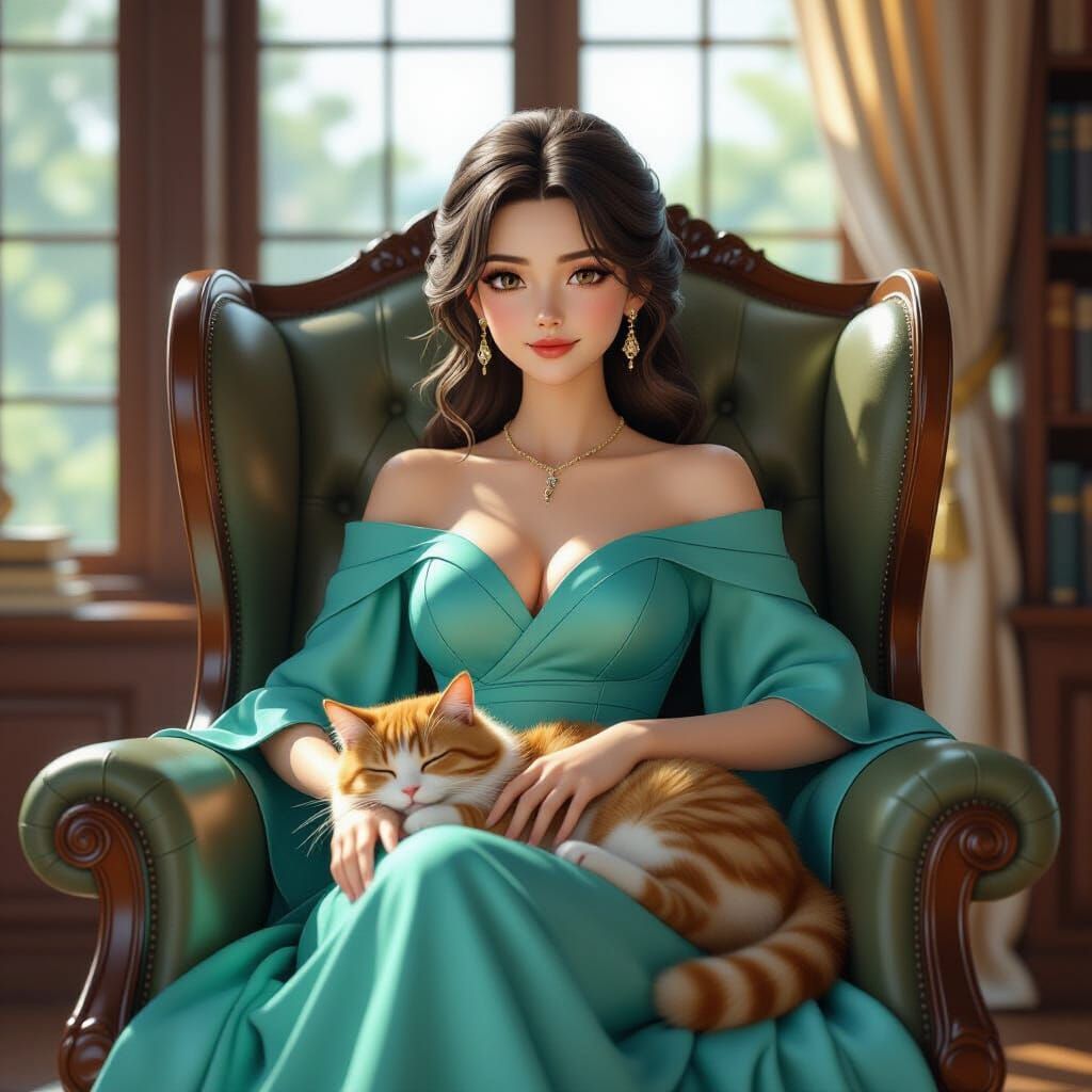 Woman in Turquoise Gown with Cat in Library