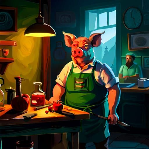 Butcher Pig with Human Hand: Dramatic Oil Painting
