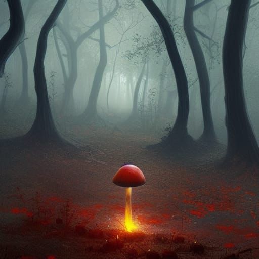 Sinister Glowing Mushroom in Dystopian Autumn Forest