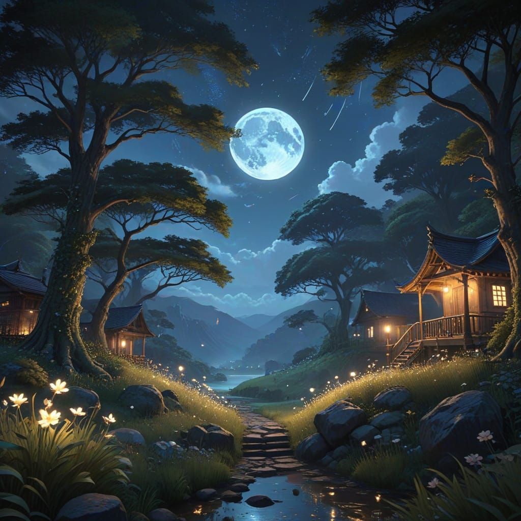 Majestic Anime Night Sky with Stars, Clouds, and Whimsical C...