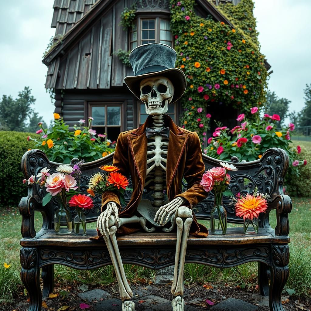 Skeleton in Velvet Suit on Ornate Bench