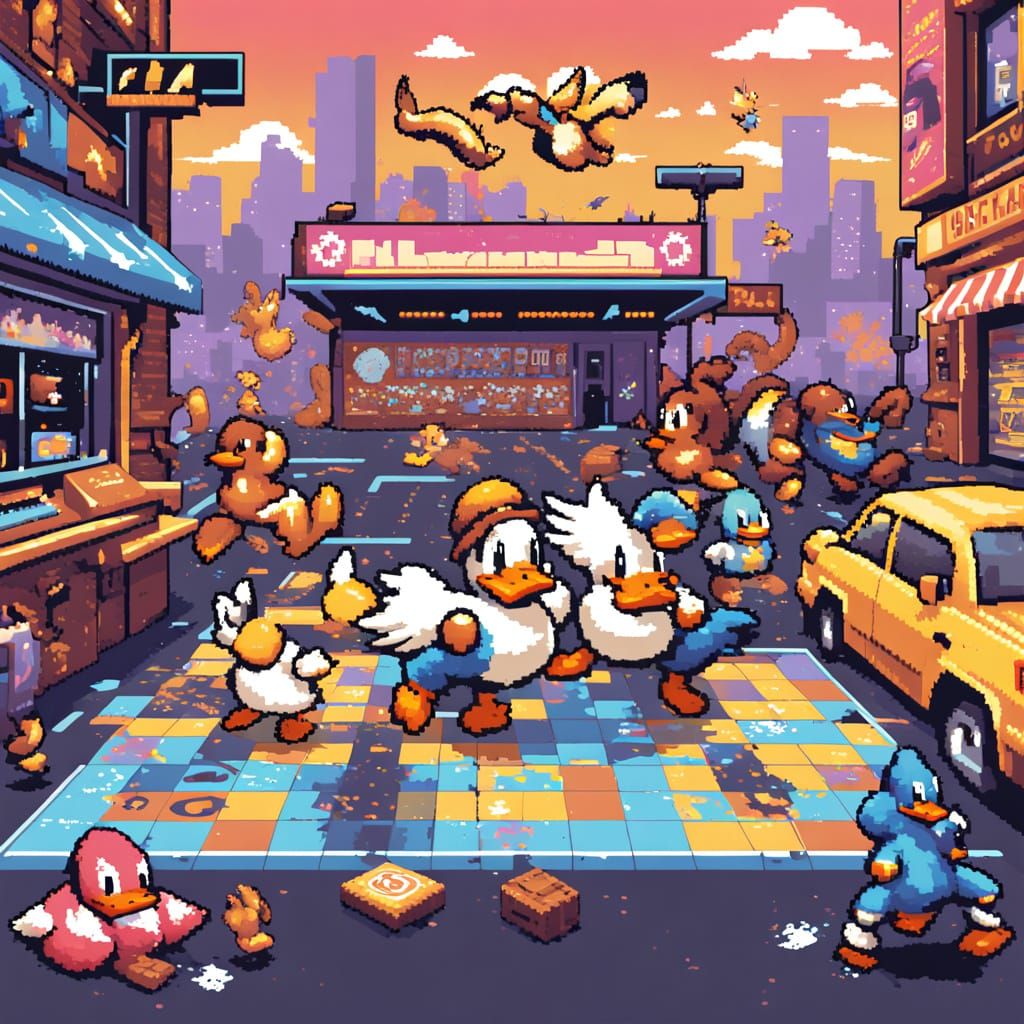 Pixelated ducks performing breakdance