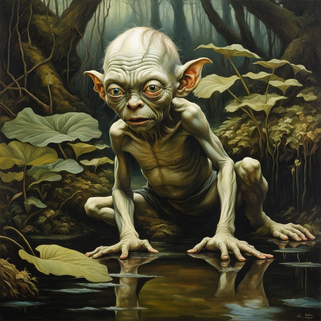 Gollum Portrait in Swamp, Oil Painting Style