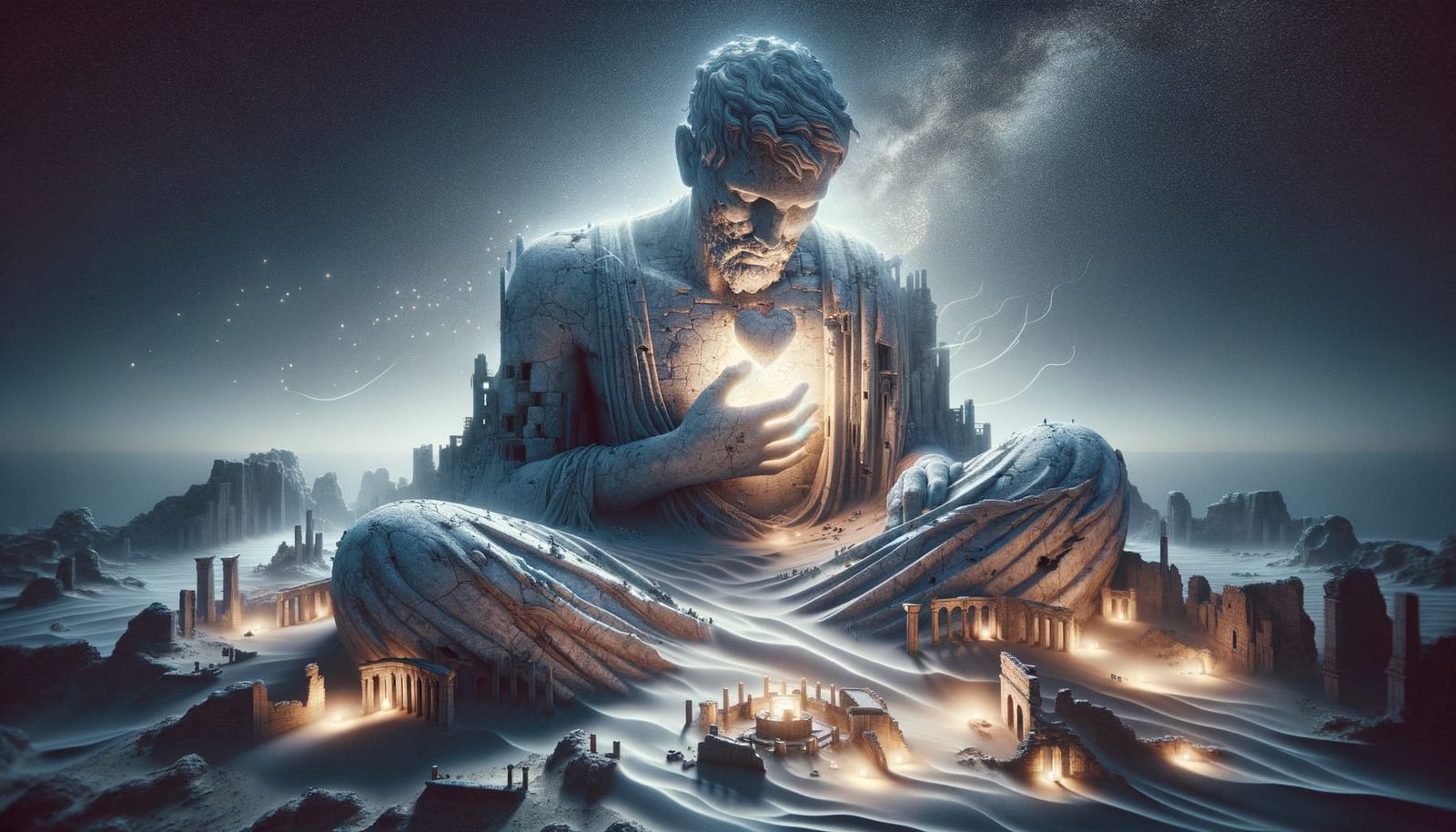 Colossal Marble Figure Kneeling in Ancient Ruins