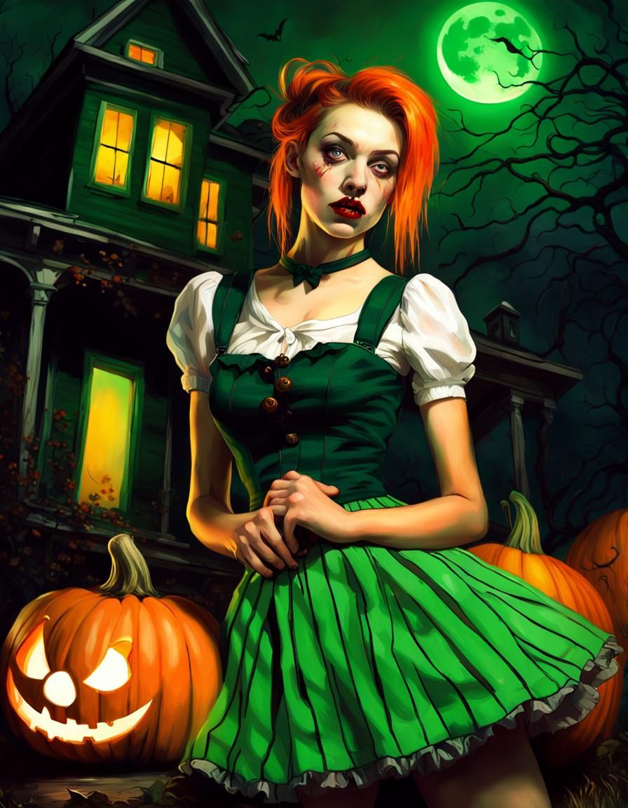 Halloween Portrait: Girl with Pumpkin Under Moon
