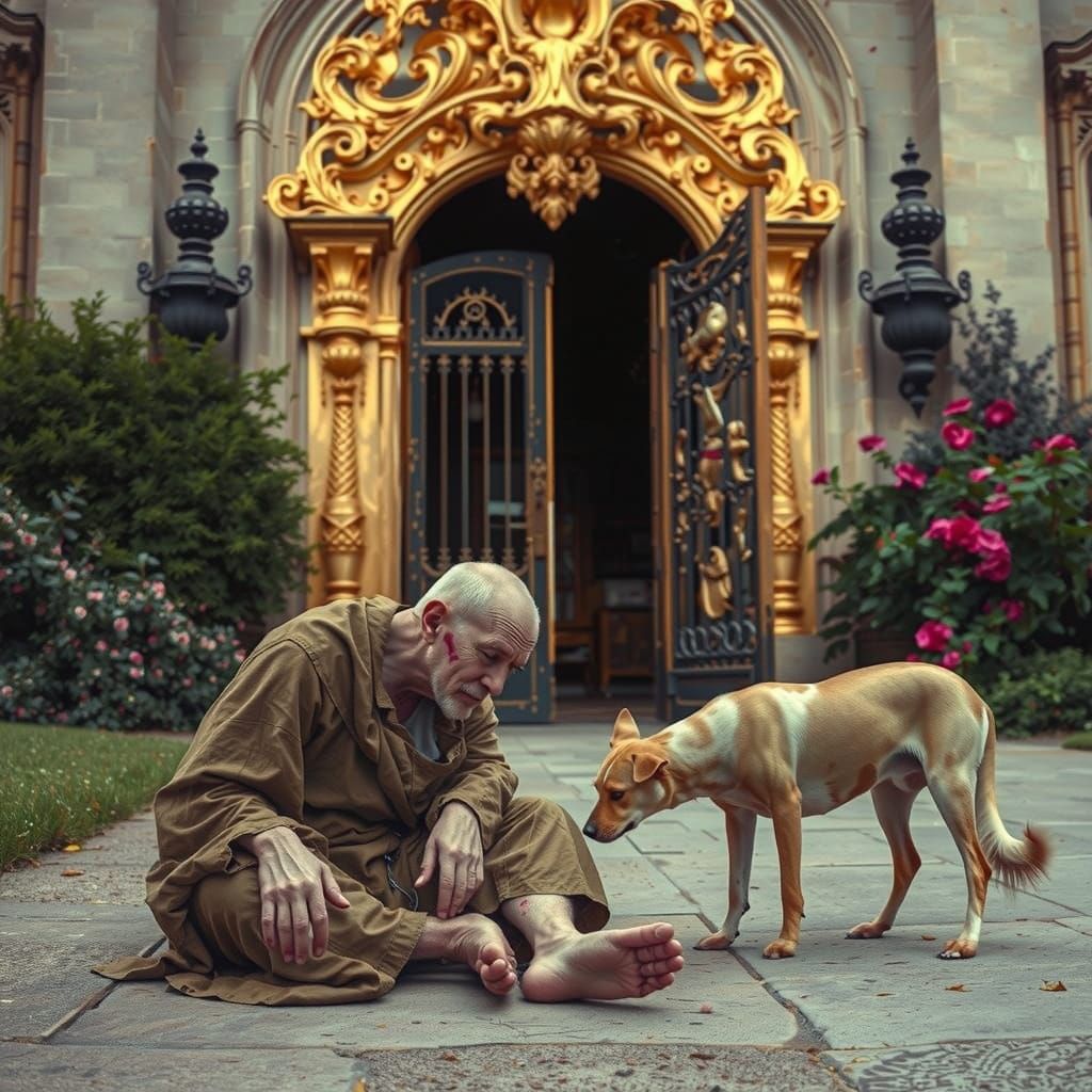 A Beggar Surrounded by Dogs Before a Grand Estate