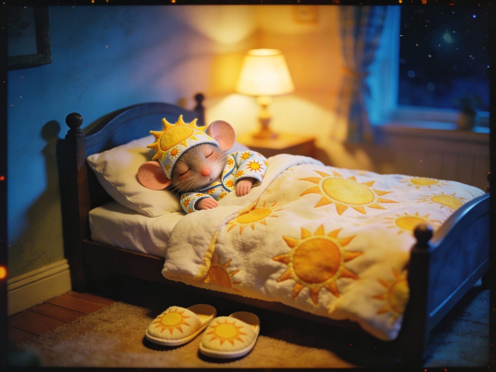 Cute Mouse Sleeping in Cozy Sun-Themed Bedroom