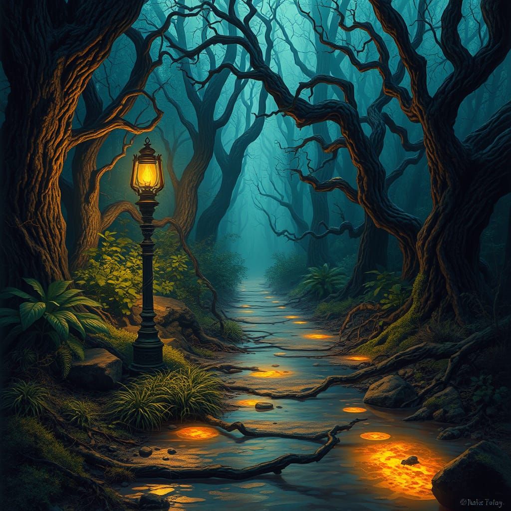 Gas Lamp Lights Enchanted Forest Path in Surreal Dark Fantas...